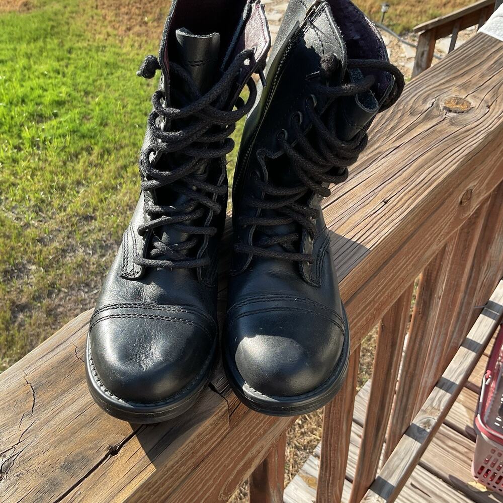 Steve Madden Troopa Combat Boots Black Leather Lace Up Side Zip Women’s 6.5